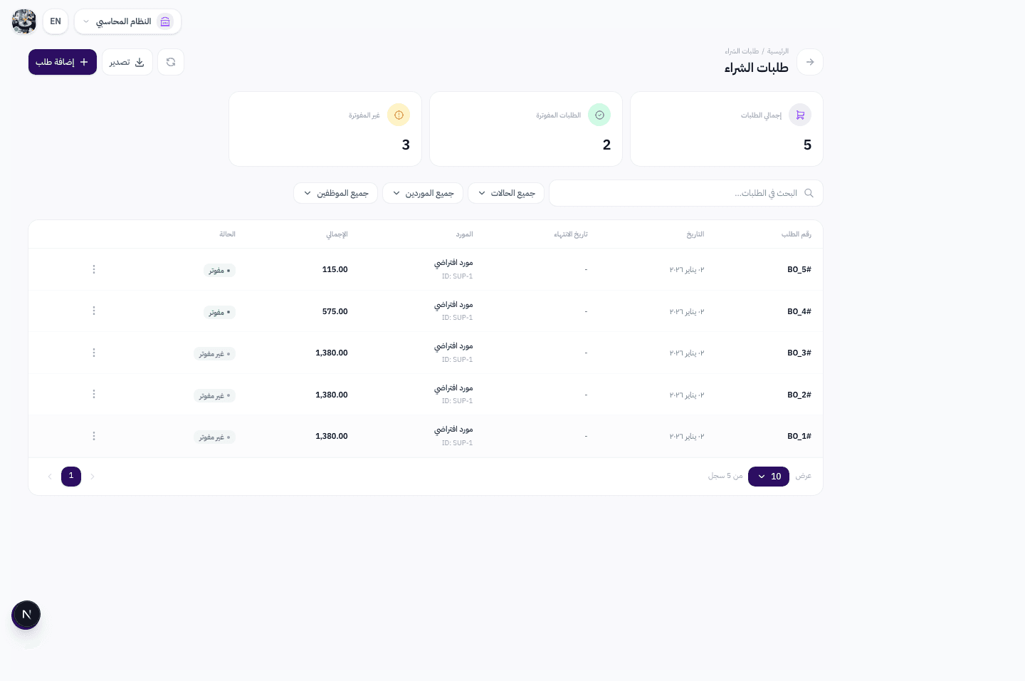 قائمة أوامر الشراء مع جدول يعرض جميع الطلبات وحالاتها