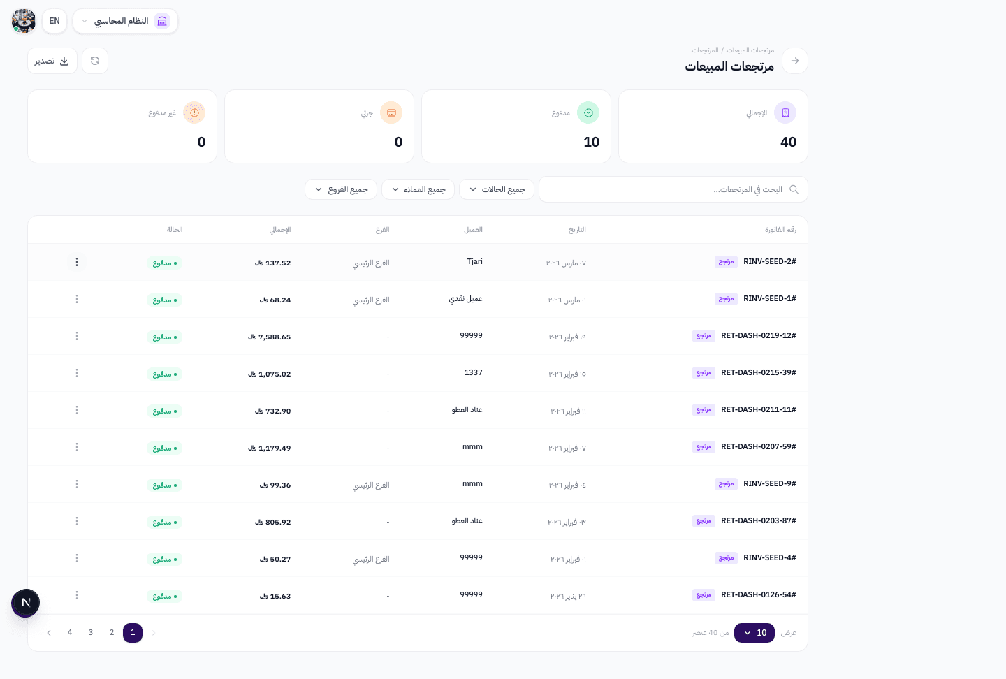 صفحة قائمة فواتير المرتجعات مع جدول البيانات وأدوات التصفية