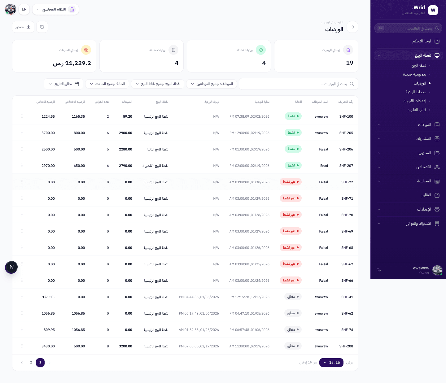 صفحة إدارة الورديات في نظام Wrid — عرض كامل